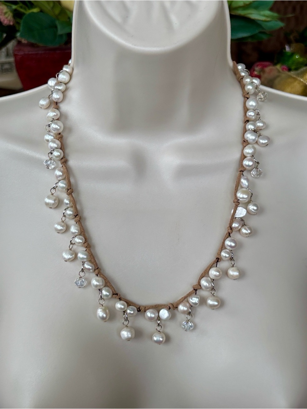 Freshwater Pearls Crystal Bead Accented Baroque Cluster Suede Cord Necklace